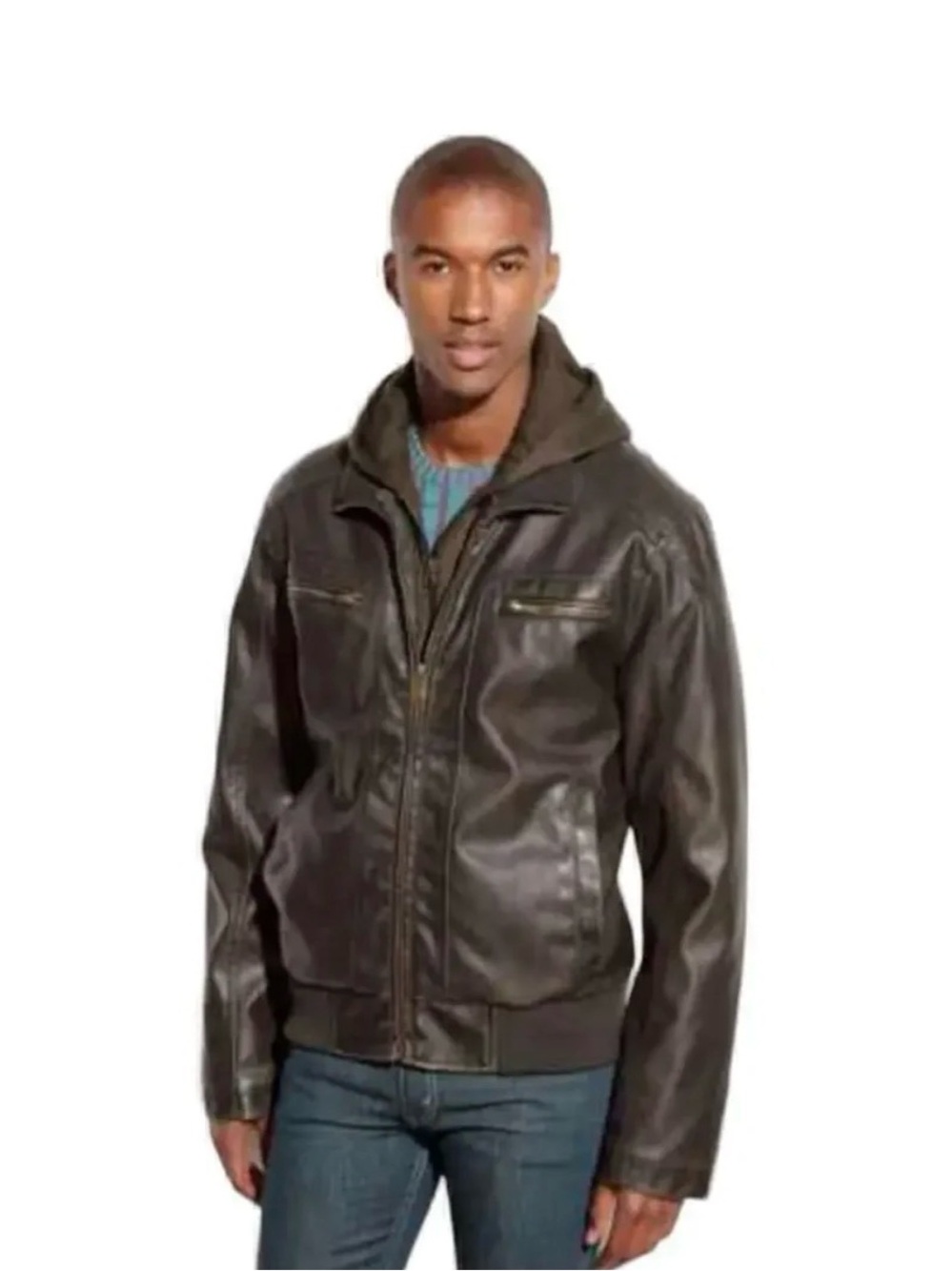 Vintage Sean John Vegan Leather Bomber Jacket with Hood